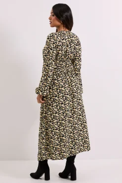 Robe Midi Petite à Imprimé Marguerites Noires avec Taille Froncée et Manches Bouffantes