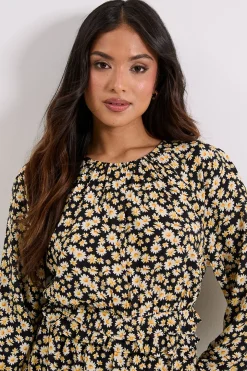 Robe Midi Petite à Imprimé Marguerites Noires avec Taille Froncée et Manches Bouffantes