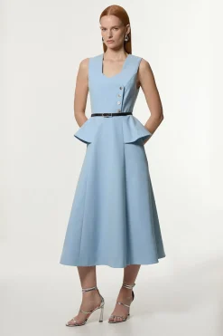 KarenMillen Robe Midi Petite À Jupe Évasée Avec Ceinture Et Détail Péplum En Tissu Stretch Compact<Femme Robes|Robes Mi-Longues