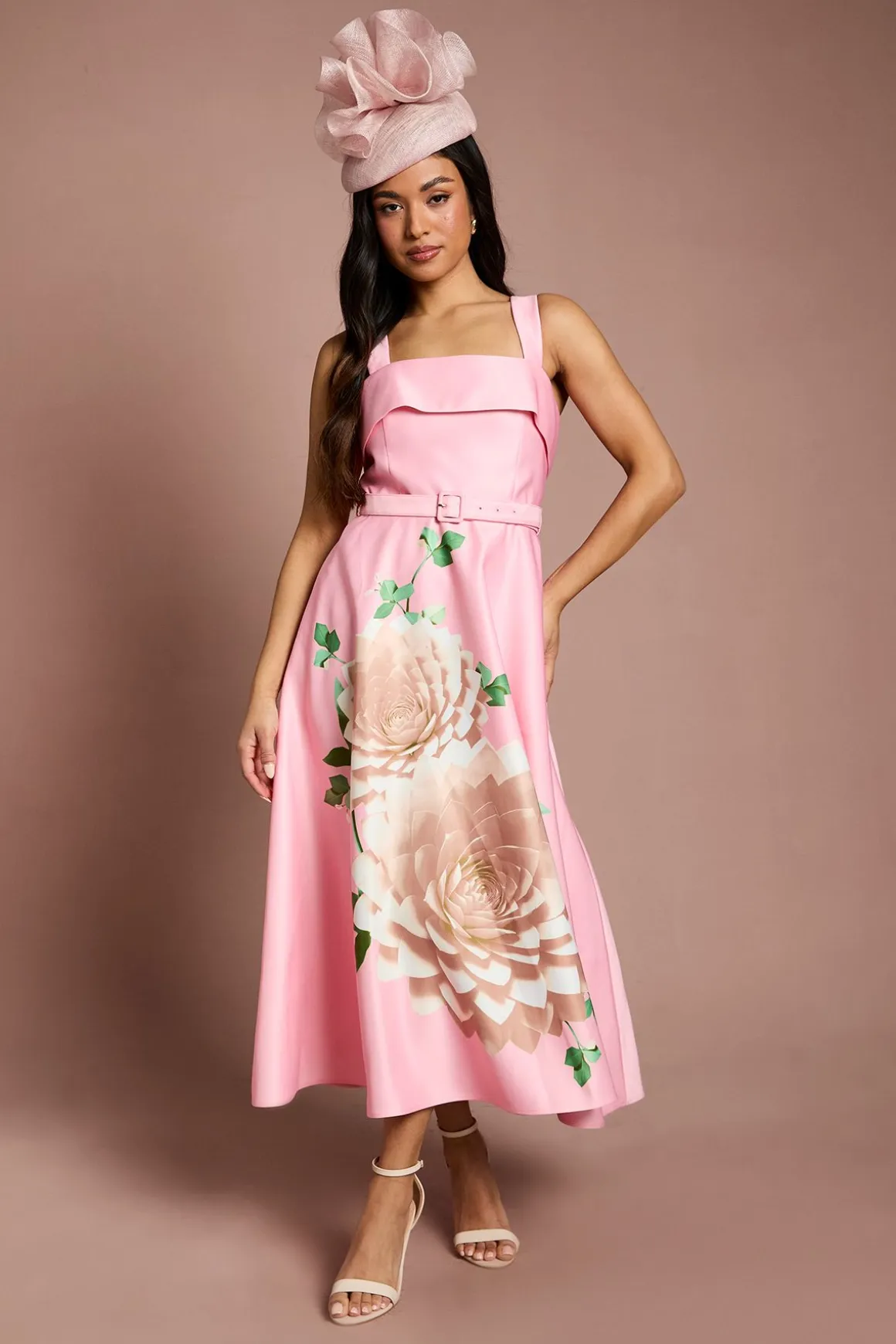 Robe Midi Petite Lisa Beige À Imprimé Floral Positionné Avec Ceinture