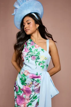Robe Midi Petite Lisa À Imprimé Floral Placé Satin Tan Avec Nœud Décoratif
