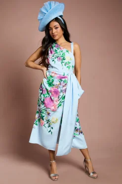 Robe Midi Petite Lisa À Imprimé Floral Placé Satin Tan Avec Nœud Décoratif