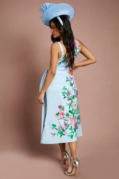Robe Midi Petite Lisa À Imprimé Floral Placé Satin Tan Avec Nœud Décoratif