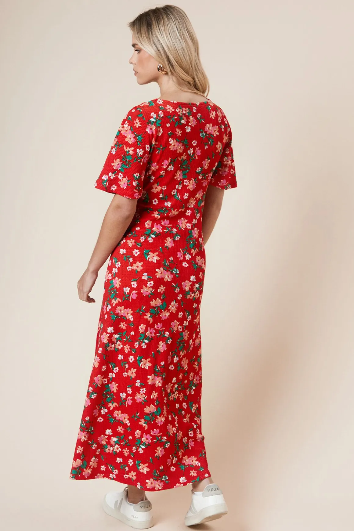 Robe Midi Petite à Manches Angel et Imprimé Floral Rouge