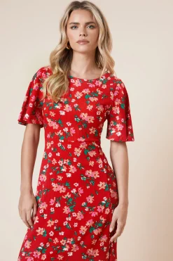 Robe Midi Petite à Manches Angel et Imprimé Floral Rouge