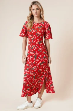 Robe Midi Petite à Manches Angel et Imprimé Floral Rouge