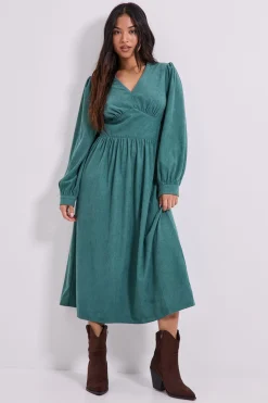 Robe Midi Petite à Manches Bouffantes et Détail Couture Empire