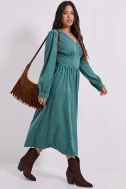 Robe Midi Petite à Manches Bouffantes et Détail Couture Empire