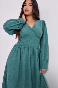 Robe Midi Petite à Manches Bouffantes et Détail Couture Empire