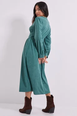 Robe Midi Petite à Manches Bouffantes et Détail Couture Empire