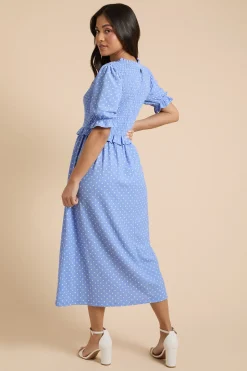 Robe Midi Petite à Manches Bouffantes Bleu à Pois avec Corsage Froncé et Basque
