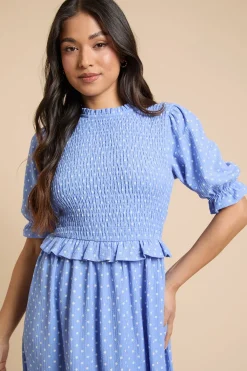Robe Midi Petite à Manches Bouffantes Bleu à Pois avec Corsage Froncé et Basque
