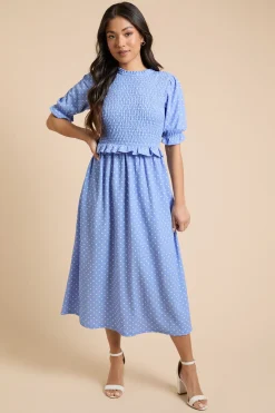 Robe Midi Petite à Manches Bouffantes Bleu à Pois avec Corsage Froncé et Basque