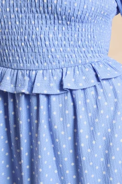 Robe Midi Petite à Manches Bouffantes Bleu à Pois avec Corsage Froncé et Basque