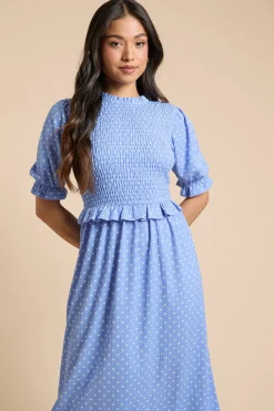 Robe Midi Petite à Manches Bouffantes Bleu à Pois avec Corsage Froncé et Basque