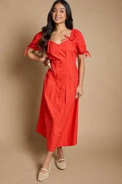 Robe Midi Petite À Manches Bouffantes Avec Détails De Boutons Et Plis