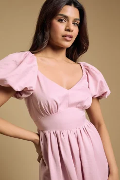 Robe Midi Petite À Manches Bouffantes Et Ceinture Marquée