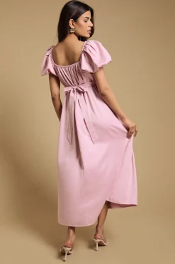 Robe Midi Petite À Manches Bouffantes Et Ceinture Marquée