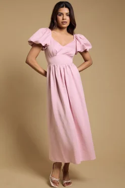 Robe Midi Petite À Manches Bouffantes Et Ceinture Marquée