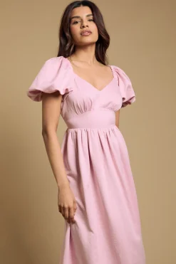 Robe Midi Petite À Manches Bouffantes Et Ceinture Marquée