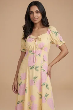 Robe Midi Petite À Manches Bouffantes Et Nœud Devant