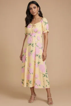 Robe Midi Petite À Manches Bouffantes Et Nœud Devant