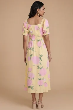 Robe Midi Petite À Manches Bouffantes Et Nœud Devant