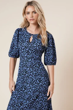 Dorothy Perkins Robe Midi Petite à Manches Bouffantes Bleue à Pois avec Découpe<Femme Robes|Robes Mi-Longues