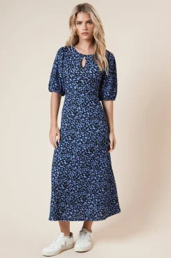 Dorothy Perkins Robe Midi Petite à Manches Bouffantes Bleue à Pois avec Découpe<Femme Robes|Robes Mi-Longues