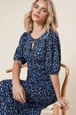 Dorothy Perkins Robe Midi Petite à Manches Bouffantes Bleue à Pois avec Découpe<Femme Robes|Robes Mi-Longues