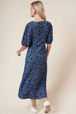 Dorothy Perkins Robe Midi Petite à Manches Bouffantes Bleue à Pois avec Découpe<Femme Robes|Robes Mi-Longues