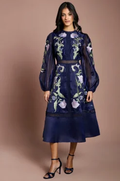 Coast Robe Midi Petite À Manches Bouffantes Brodée<Femme Toutes Les Robes|Robes Mi-Longues
