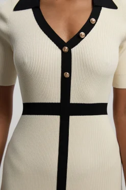 KarenMillen Robe Midi Petite À Manches Courtes Avec Col, Maille Côtelée Et Détail Contrastant À La Taille<Femme Robes|Robes Mi-Longues