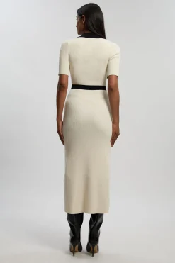 KarenMillen Robe Midi Petite À Manches Courtes Avec Col, Maille Côtelée Et Détail Contrastant À La Taille<Femme Robes|Robes Mi-Longues