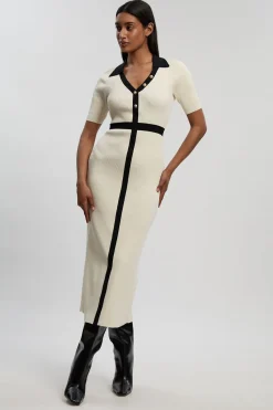 KarenMillen Robe Midi Petite À Manches Courtes Avec Col, Maille Côtelée Et Détail Contrastant À La Taille<Femme Robes|Robes Mi-Longues