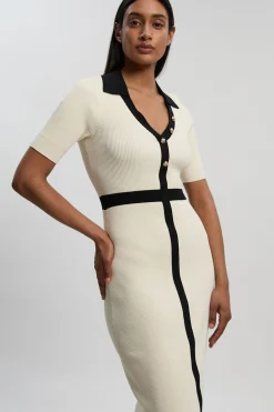 KarenMillen Robe Midi Petite À Manches Courtes Avec Col, Maille Côtelée Et Détail Contrastant À La Taille<Femme Robes|Robes Mi-Longues