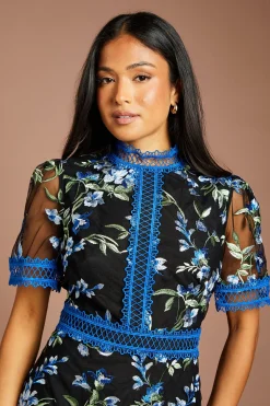 Robe Midi Petite À Manches Courtes En Maille Brodée Avec Bordure En Dentelle