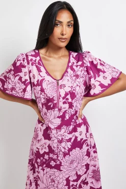 Robe Midi Petite à Manches Évasées et Fermeture Éclair