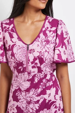 Robe Midi Petite à Manches Évasées et Fermeture Éclair