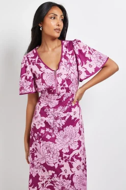 Robe Midi Petite à Manches Évasées et Fermeture Éclair