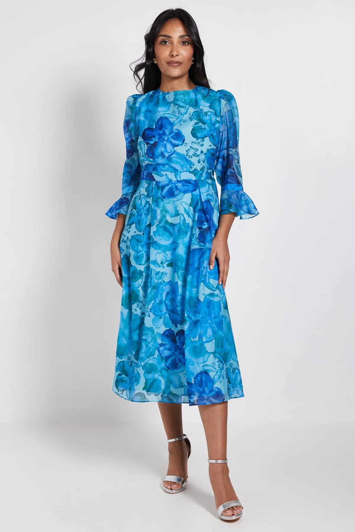 Wallis Robe Midi Petite À Manches Évasées En Organza Fleuri<Femme Toutes Les Robes|Robes Mi-Longues