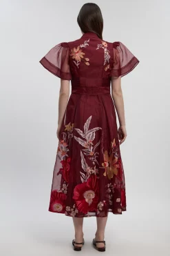 Robe Midi Petite à Manches Évasées en Organdi avec Broderie Botanique