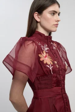 Robe Midi Petite à Manches Évasées en Organdi avec Broderie Botanique
