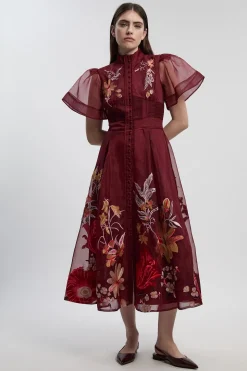Robe Midi Petite à Manches Évasées en Organdi avec Broderie Botanique