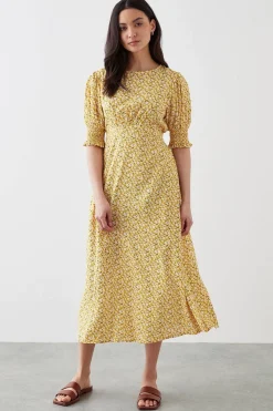 Robe Midi Petite à Motif Fleuri Jaune avec Poignets Froncés