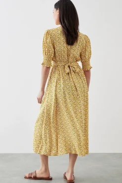 Robe Midi Petite à Motif Fleuri Jaune avec Poignets Froncés