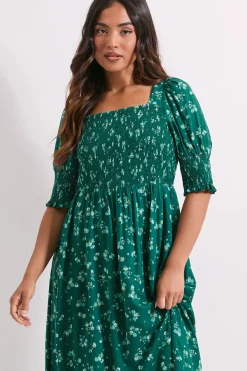 Dorothy Perkins Robe Midi Petite à Motifs Floraux Verts avec Corsage Froncé, Manches Bouffantes et Encolure Carrée<Femme Robes|Robes Mi-Longues