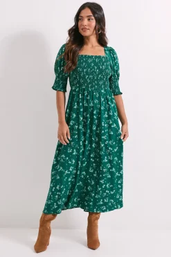 Dorothy Perkins Robe Midi Petite à Motifs Floraux Verts avec Corsage Froncé, Manches Bouffantes et Encolure Carrée<Femme Robes|Robes Mi-Longues
