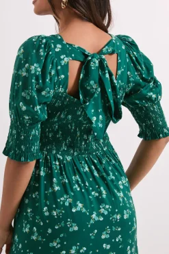 Dorothy Perkins Robe Midi Petite à Motifs Floraux Verts avec Corsage Froncé, Manches Bouffantes et Encolure Carrée<Femme Robes|Robes Mi-Longues