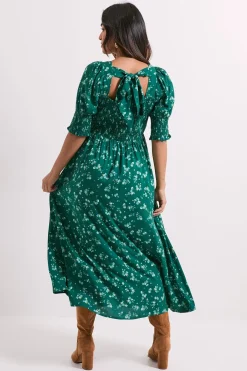 Dorothy Perkins Robe Midi Petite à Motifs Floraux Verts avec Corsage Froncé, Manches Bouffantes et Encolure Carrée<Femme Robes|Robes Mi-Longues